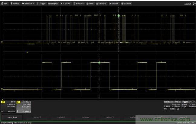 使用CustomDSO運(yùn)行VB腳本“zoom_Track.lss”。當(dāng)腳本運(yùn)行時(shí)，縮放波形的中心將跟蹤水平的光標(biāo)絕對位置。從圖中可以看出，光標(biāo)將永遠(yuǎn)位于縮放波形Z1的中心